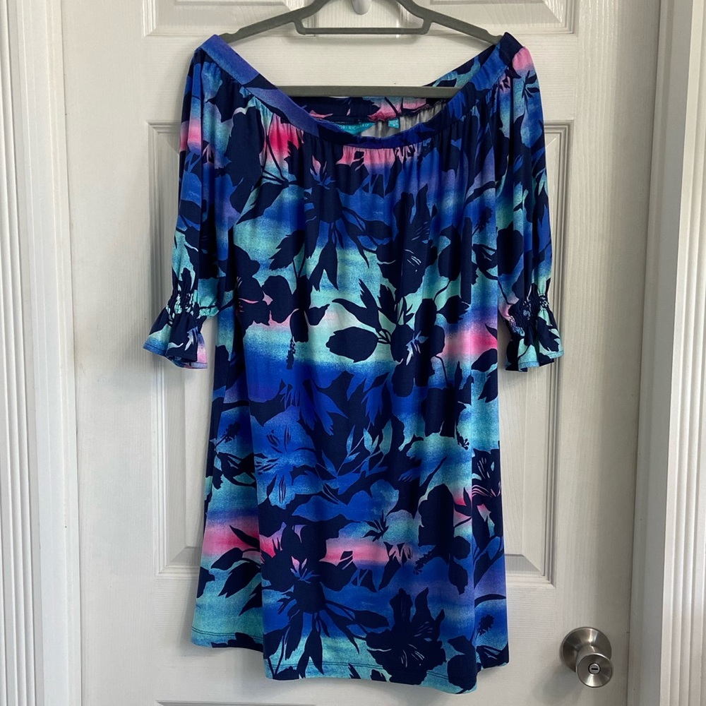 Tori Richard Leonora Blue Haze Off Shoulder Short Knit Dress Size Small Tropical